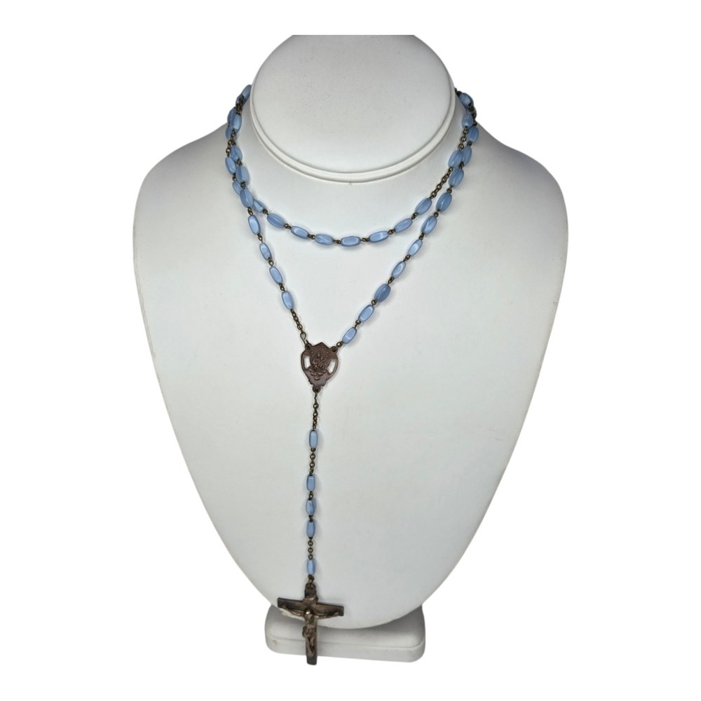 Vintage Catholic Rosary Light Blue Glass Beads Metal Crucifix Prayer Necklace